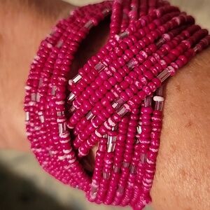 Elegant Pink & Clear Seed Bead Memory Wire Wide Cuff Bracelet Vintage